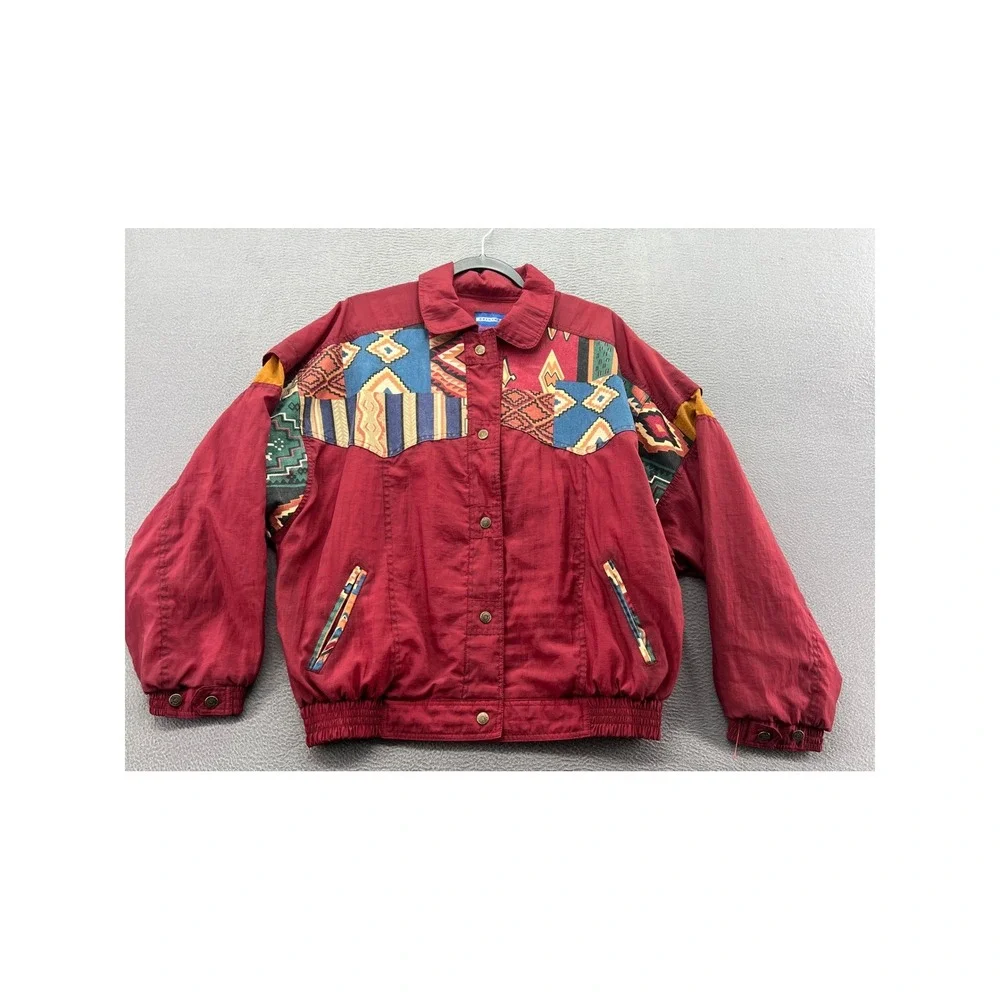 VTG Bovattini Sportswear Jacket Sz L 90s Southwestern Patchwork Bomber Red